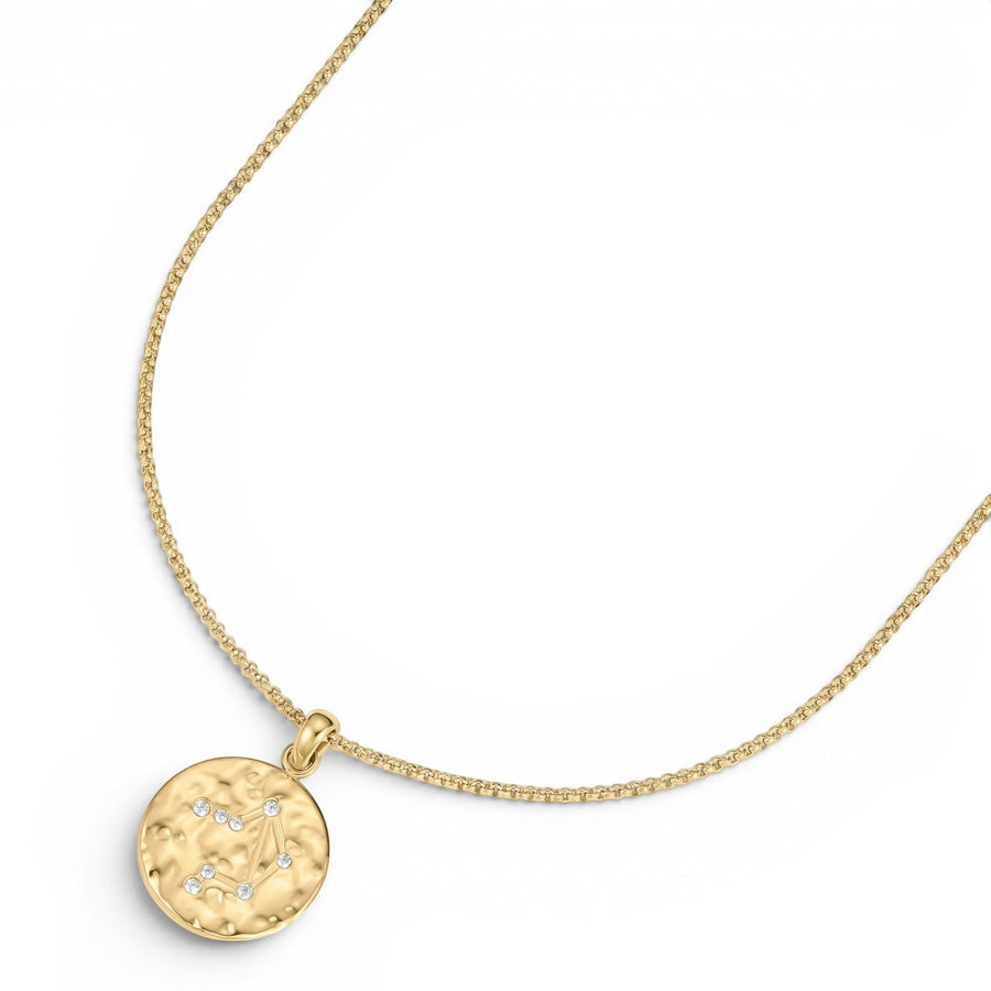 DLouise gold Libra zodiac talisman necklace with hammered finish and small diamonds.