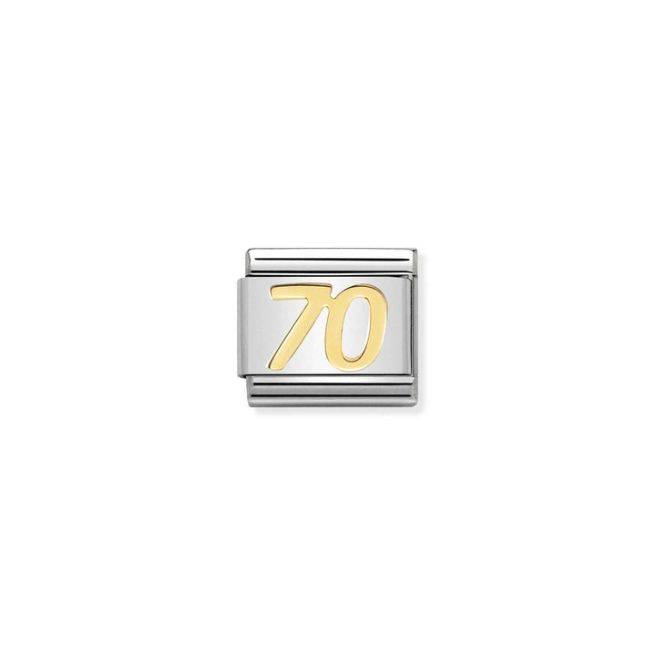 Niche Jewellery stainless steel charm with "70" in 18K gold, perfect for milestone birthdays or anniversaries.