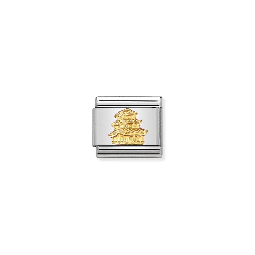 Niche Jewellery stainless steel charm with 18k gold pagoda design, ideal for travel-themed bracelets.