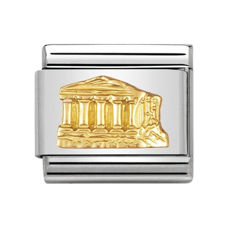 Niche Jewellery stainless steel charm with 18k gold Parthenon design. Travel charm for bracelets.