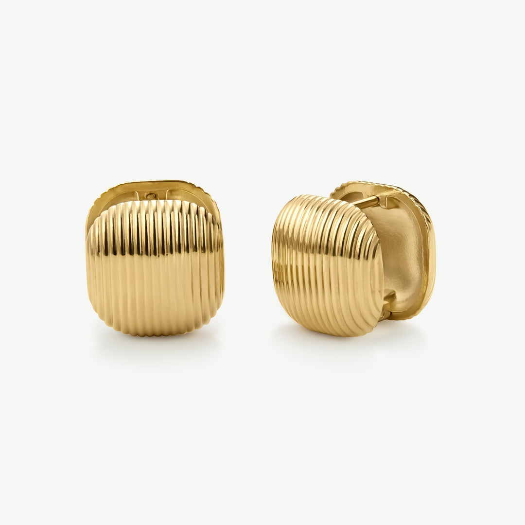 Niche Jewellery gold ribbed square statement earrings with vintage flair.