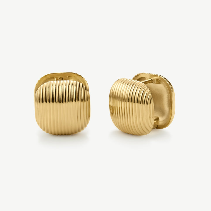 Niche Jewellery gold ribbed square statement earrings with vintage flair.