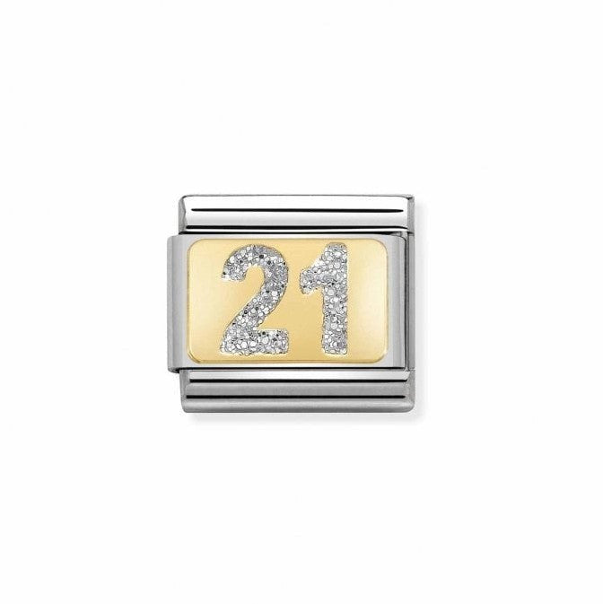 Niche Jewellery gold and silver glitter number 21 charm, perfect for a 21st birthday gift or bracelet.