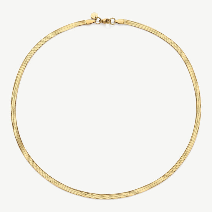 Niche Jewellery gold snake chain necklace with a herringbone pattern. Delicate and waterproof, perfect for everyday wear.