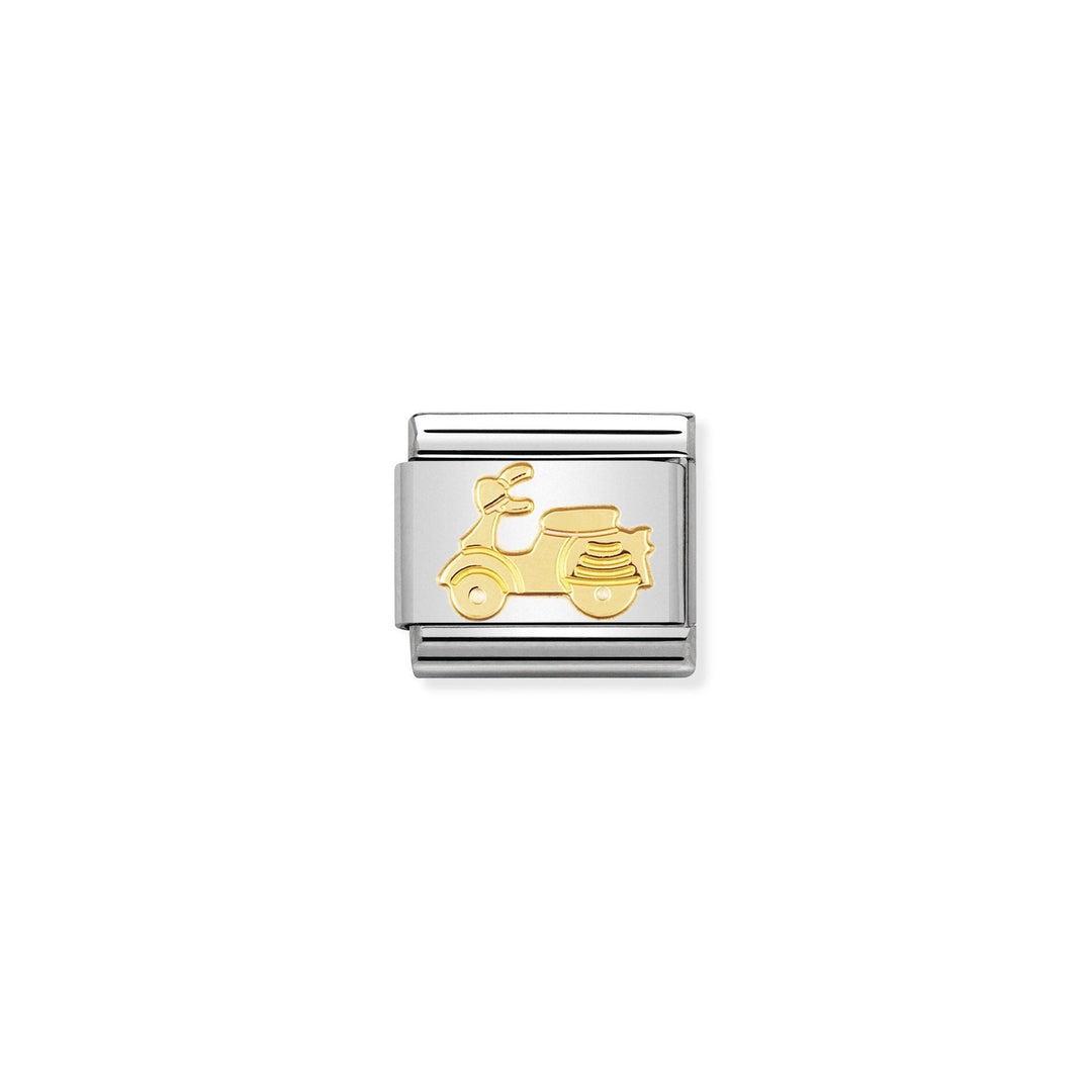 Niche Jewellery stainless steel charm with a yellow gold Vespa scooter design. Ideal for Nomination bracelets.