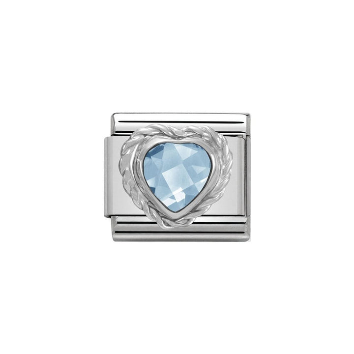 Niche Jewellery light blue faceted heart zirconia charm with sterling silver twist setting.