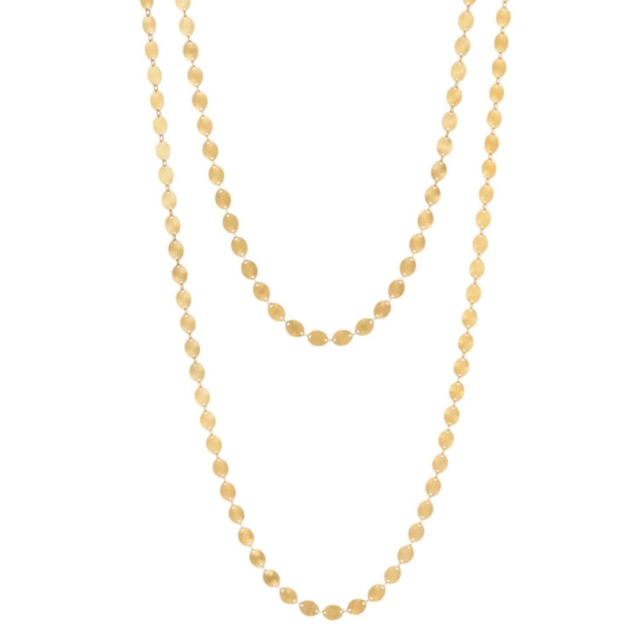 Rachel Jackson long gold sunburst chain necklace with oval links etched with sun rays, made from 18ct gold plated sterling silver.