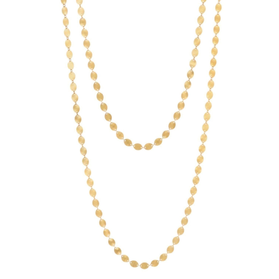 Rachel Jackson long gold sunburst chain necklace with oval links etched with sun rays, made from 18ct gold plated sterling silver.