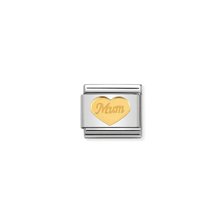 Niche Jewellery stainless steel charm with 18k gold heart engraved with 'Mum'.