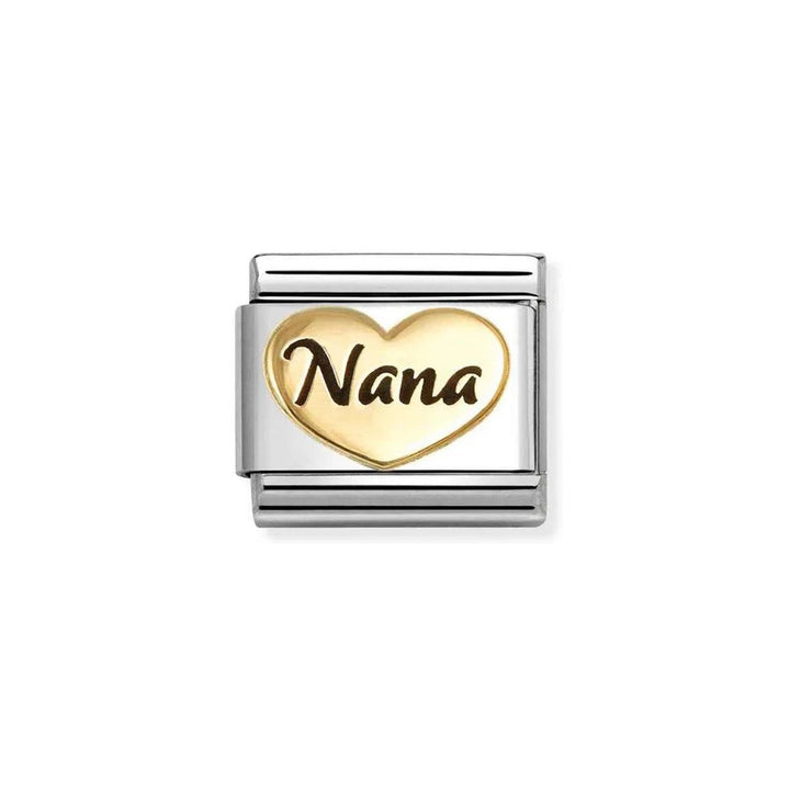Niche Jewellery Nomination stainless steel charm with gold heart and black enamel 'Nana' text.