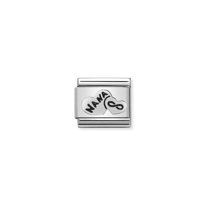 Niche Jewellery sterling silver oxidised charm with two hearts, one engraved with 'Nana' and the other an infinity symbol.