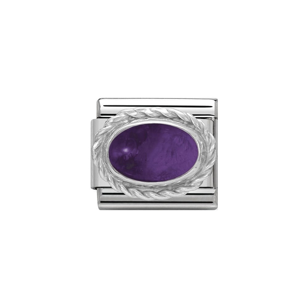 Niche Jewellery Nomination sterling silver charm with oval amethyst stone and twist setting on stainless steel link.