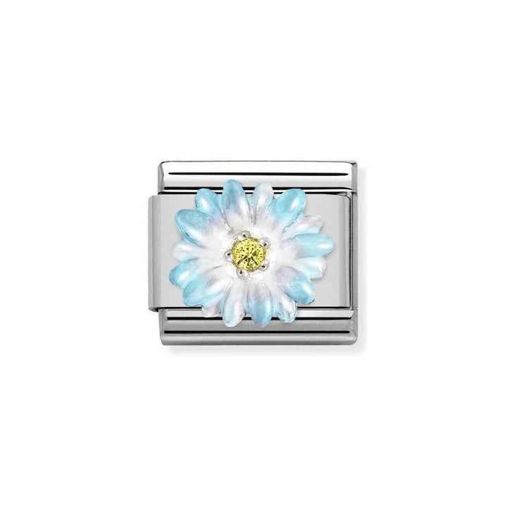 Niche Jewellery Nomination silver charm with a blue and white enamel flower and yellow zirconia centre.