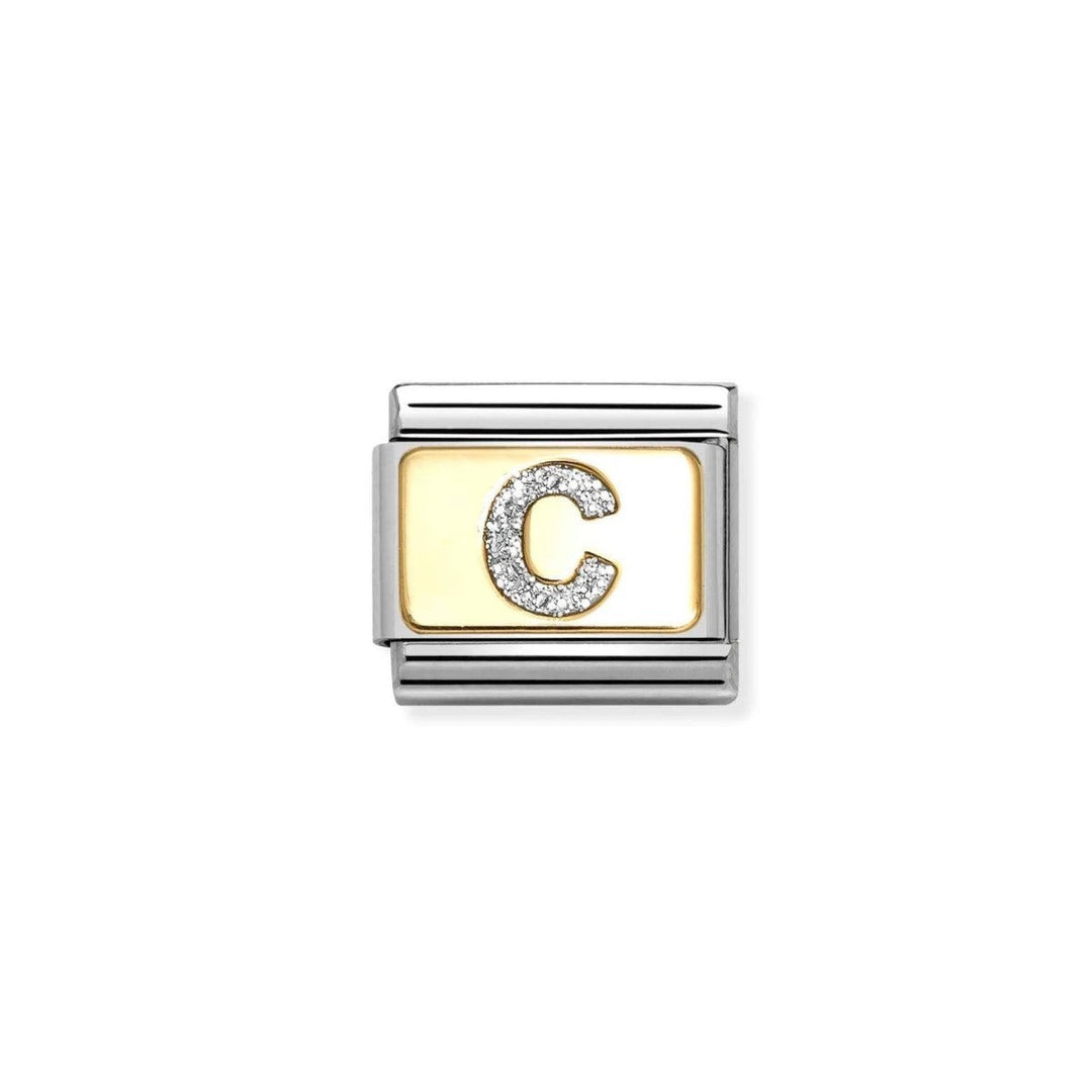 Niche Jewellery Nomination Classic Glitter Letter C Charm in gold with silver glitter detail on a pale yellow enamel background.