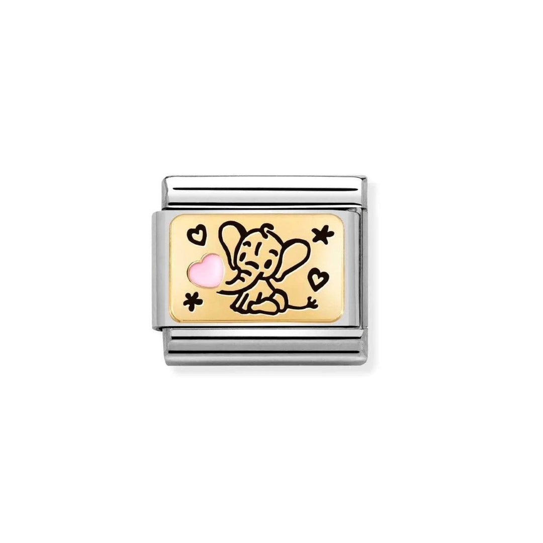 Niche Jewellery Nomination gold charm with a black enamel cartoon elephant holding a pink heart.