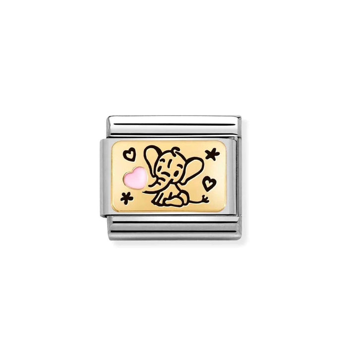 Niche Jewellery Nomination gold charm with a black enamel cartoon elephant holding a pink heart.