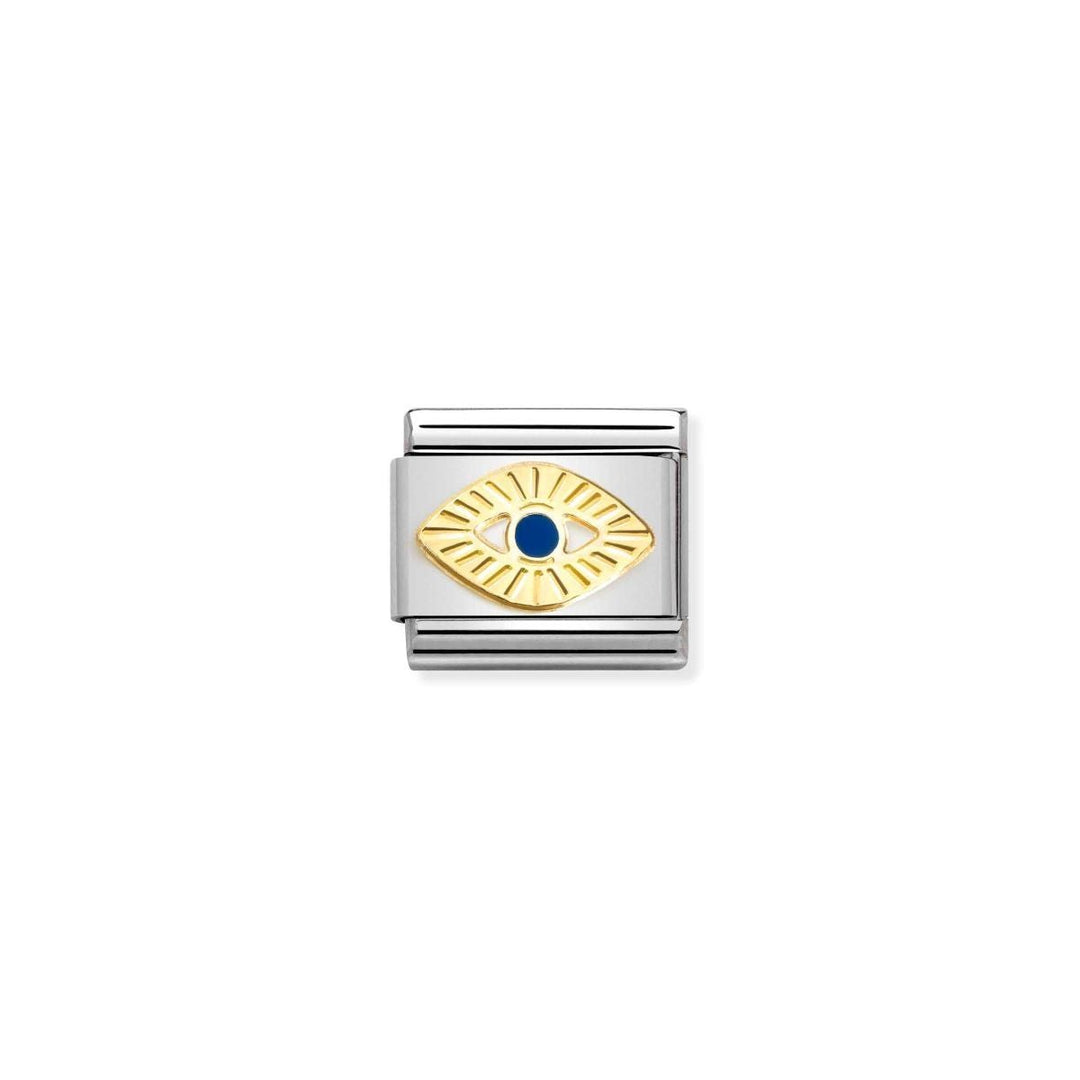Niche Jewellery Nomination stainless steel and 18K gold charm with blue enamel evil eye design.