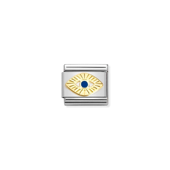 Niche Jewellery Nomination stainless steel and 18K gold charm with blue enamel evil eye design.