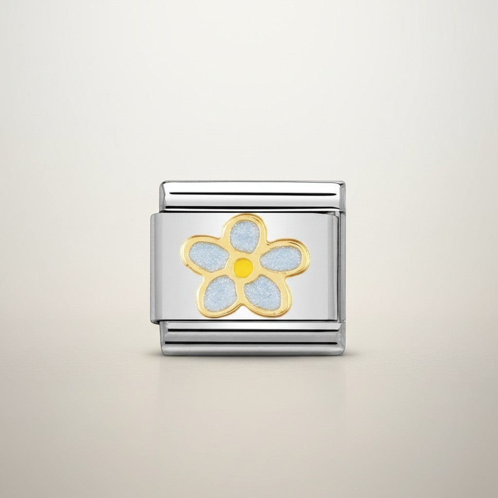 Niche Jewellery Nomination Classic gold and light blue enamel forget-me-not charm with yellow center.