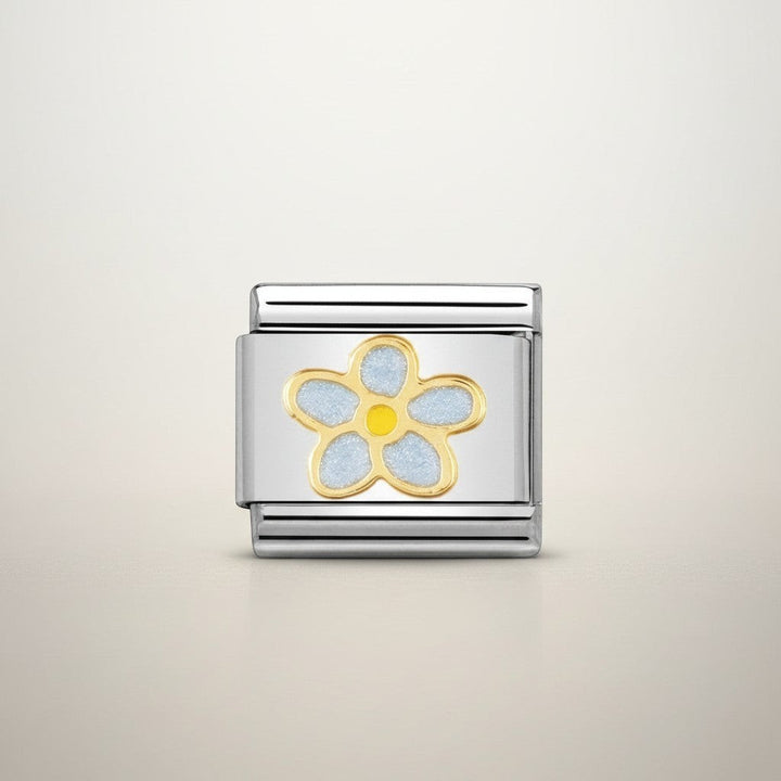 Niche Jewellery Nomination Classic gold and light blue enamel forget-me-not charm with yellow center.