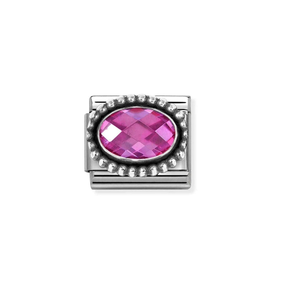 Niche Jewellery Nomination silver charm with a faceted oval fuchsia zirconia stone surrounded by small beads.