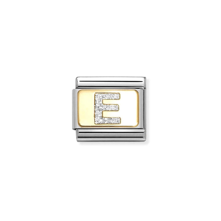 Niche Jewellery Nomination Classic charm with glitter letter E, gold and silver.