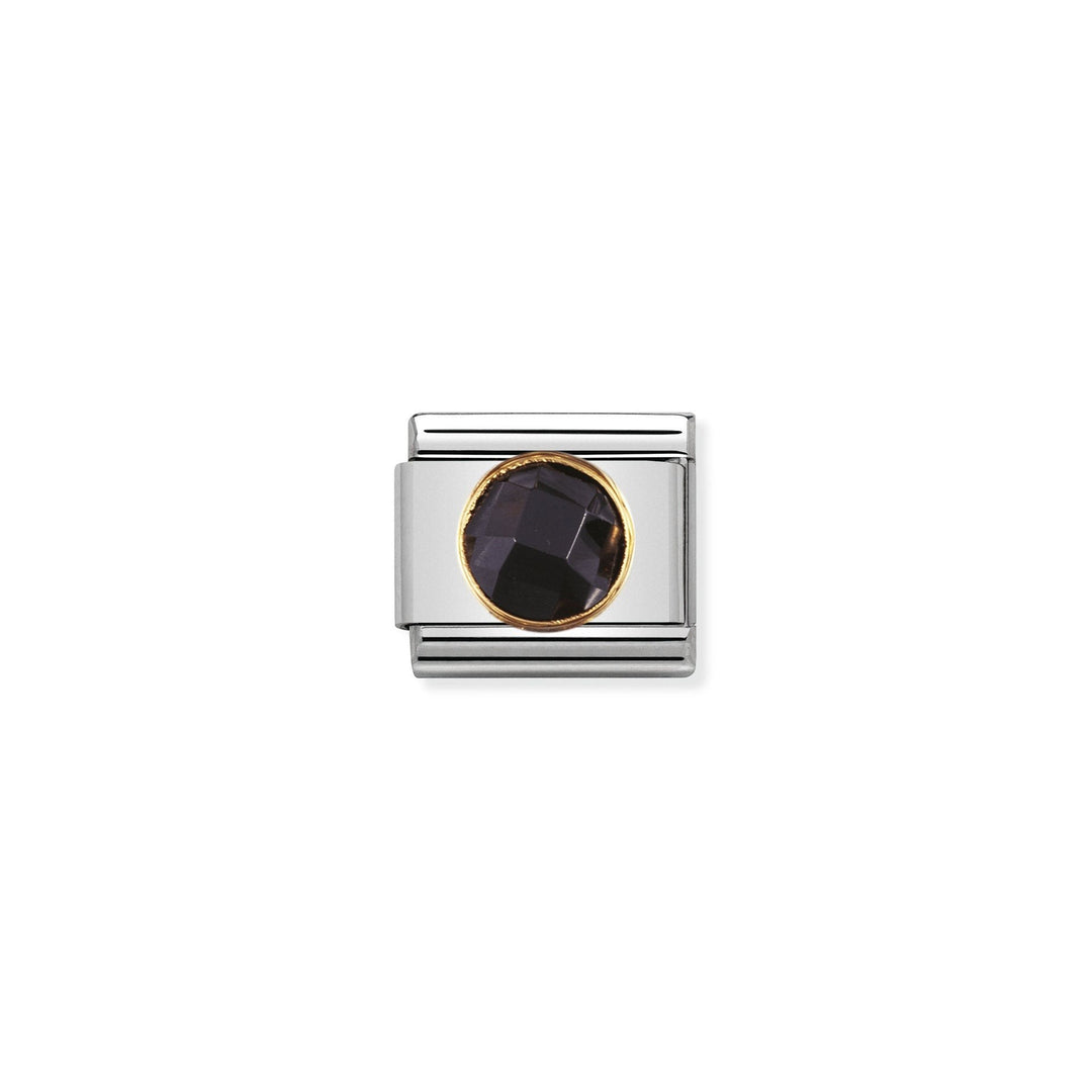Niche Jewellery Nomination charm in stainless steel with 18k gold trim and a round, faceted black zirconia stone.