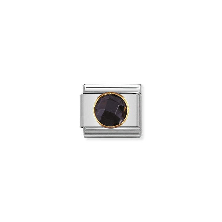 Niche Jewellery Nomination charm in stainless steel with 18k gold trim and a round, faceted black zirconia stone.