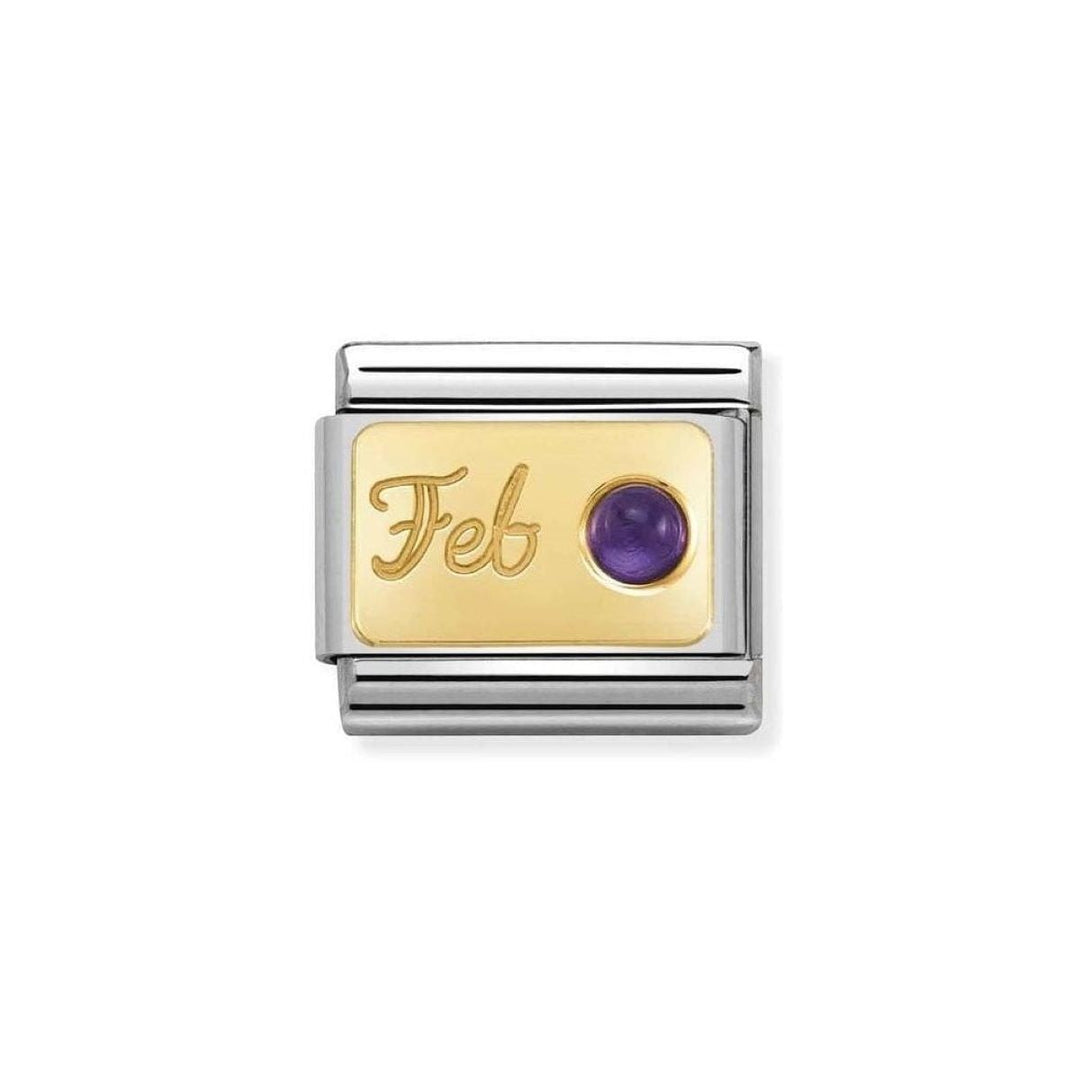 Niche Jewellery Nomination 18k gold plated charm with 'Feb' engraving and a round purple amethyst gemstone.