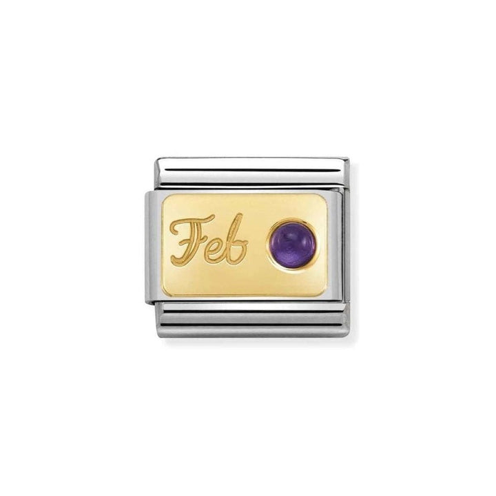 Niche Jewellery Nomination 18k gold plated charm with 'Feb' engraving and a round purple amethyst gemstone.