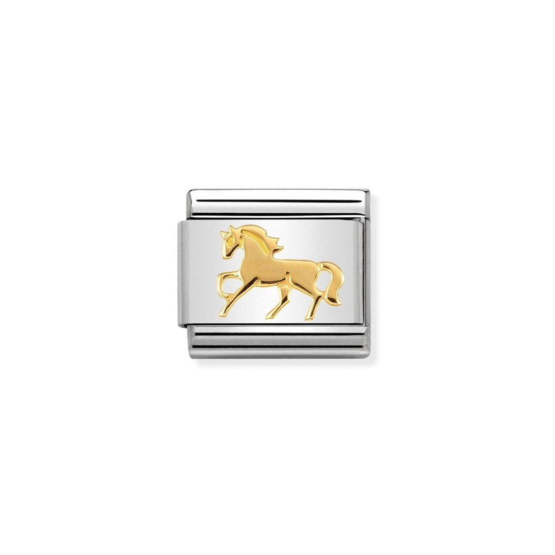 Niche Jewellery Nomination Classic stainless steel charm with a gold galloping horse design.