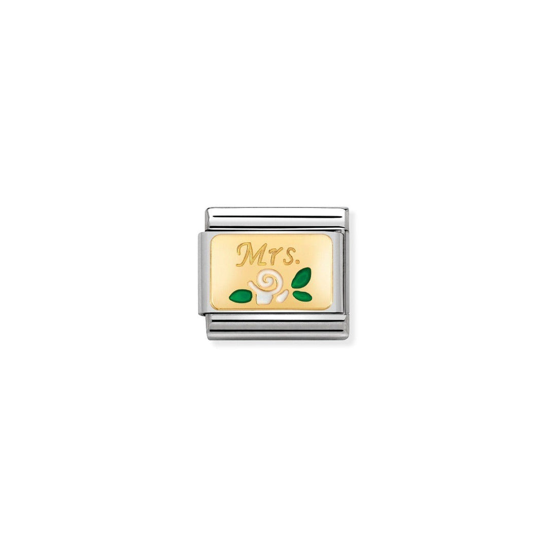 Niche Jewellery Nomination Gold Mrs charm with white rose and green enamel leaves, crafted in stainless steel with 18k gold plating.