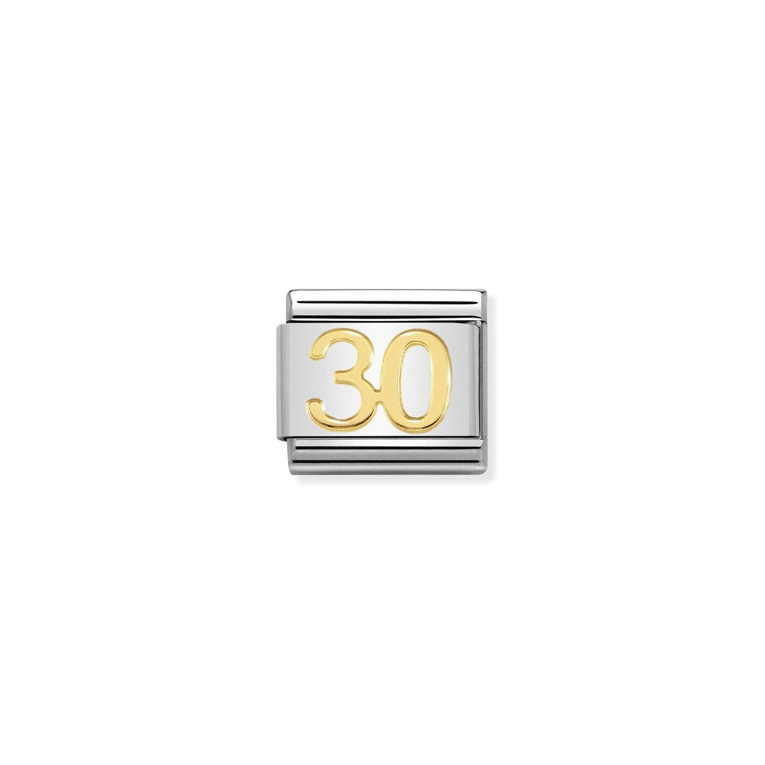 Niche Jewellery Nomination stainless steel charm with '30' in 18K gold, ideal for birthdays and anniversaries.