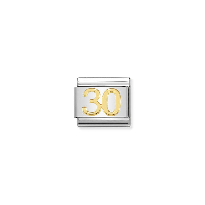 Niche Jewellery Nomination stainless steel charm with '30' in 18K gold, ideal for birthdays and anniversaries.