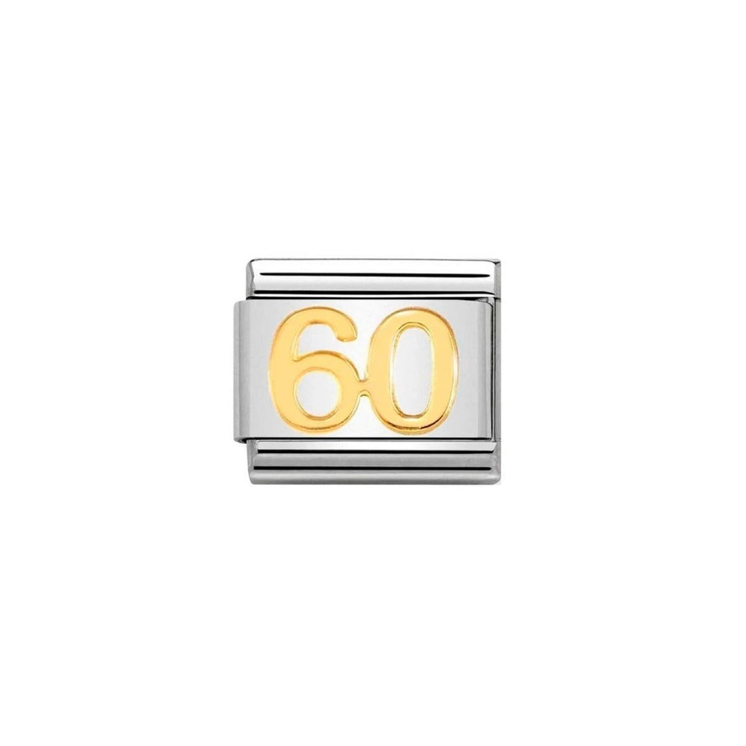 Niche Jewellery Nomination Classic Number 60 Charm in gold and stainless steel, perfect for bracelets or gifts.