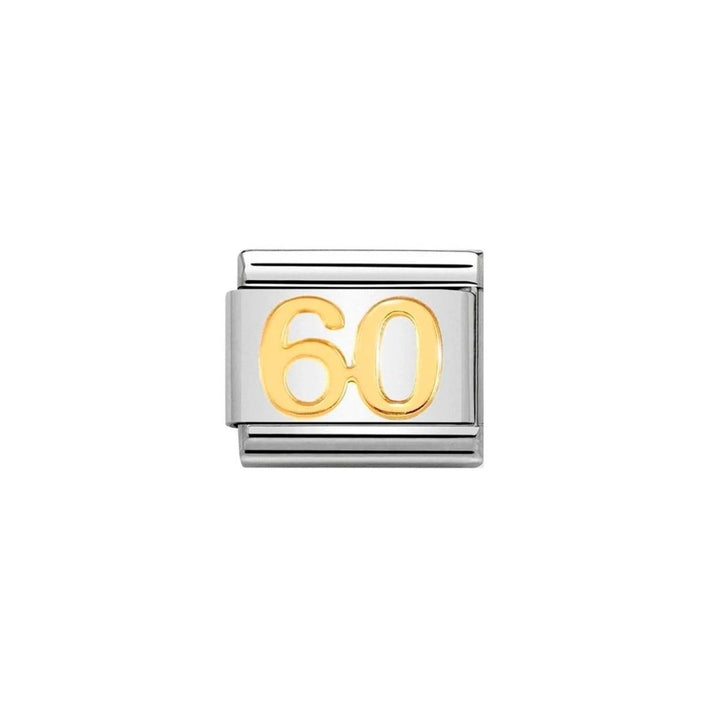 Niche Jewellery Nomination Classic Number 60 Charm in gold and stainless steel, perfect for bracelets or gifts.