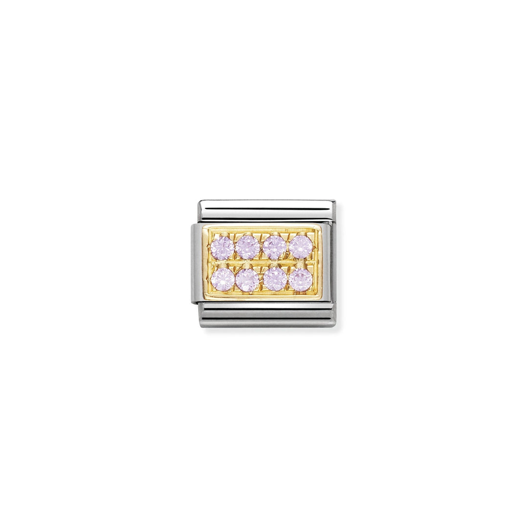 Niche Jewellery Nomination charm with 18k gold and pave pink zirconia in a grid pattern.