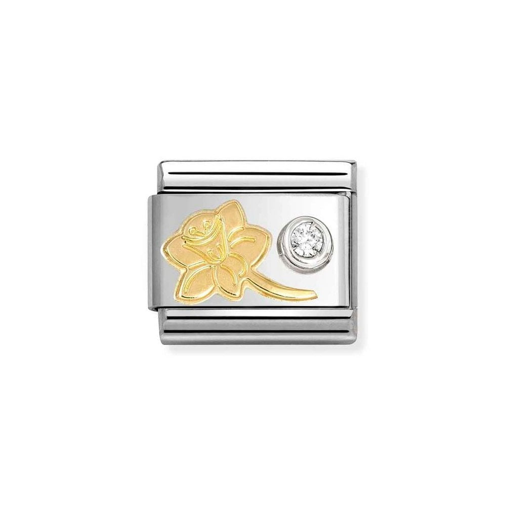 Niche Jewellery Nomination gold and silver narcissus charm with a zirconia stone. Stainless steel charm.
