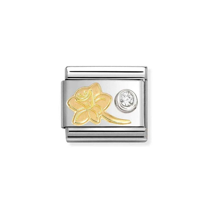 Niche Jewellery Nomination gold and silver narcissus charm with a zirconia stone. Stainless steel charm.