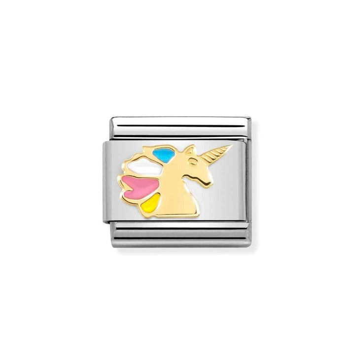 Niche Jewellery Nomination gold unicorn charm with multicolour enamel mane on a silver base.