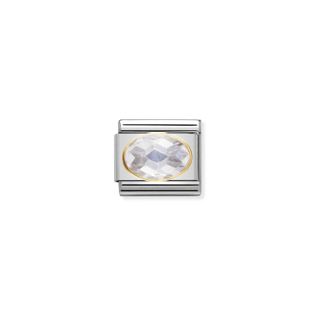 Niche Jewellery Nomination charm with stainless steel, 18k gold, and a white oval faceted cubic zirconia.
