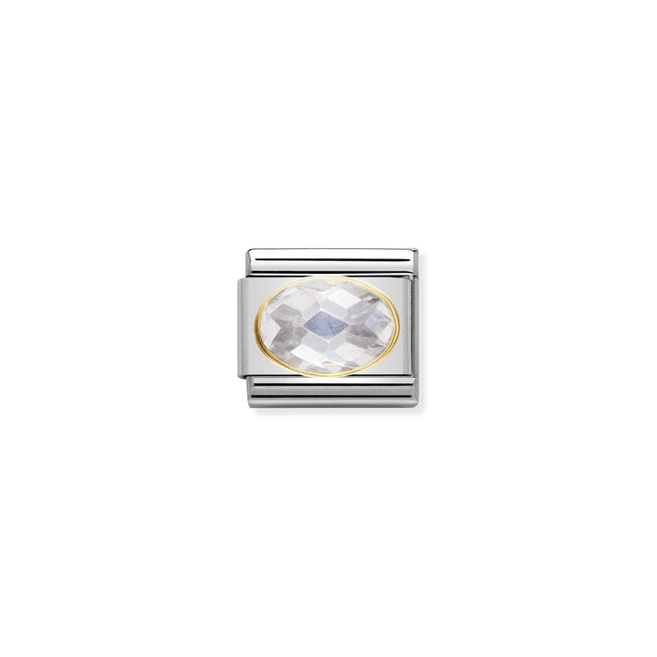 Niche Jewellery Nomination charm with stainless steel, 18k gold, and a white oval faceted cubic zirconia.