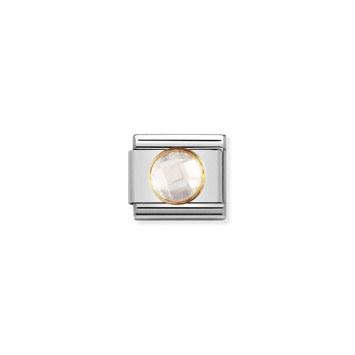 Niche Jewellery Nomination stainless steel charm with 18k gold trim and a white faceted zirconia stone.