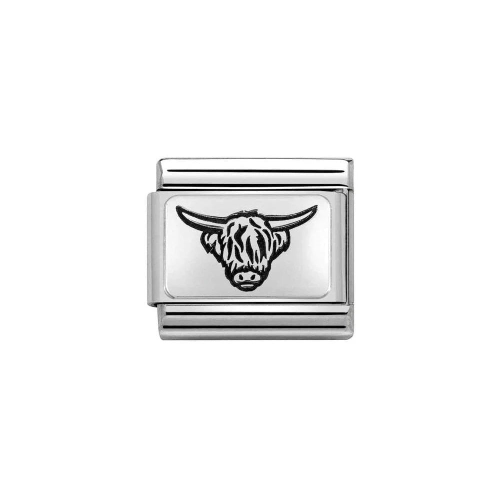 Niche Jewellery Nomination Classic silver charm featuring a Highland cow engraving. Designed for charm bracelets.