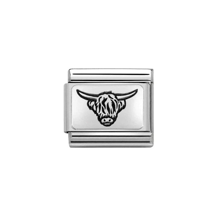 Niche Jewellery Nomination Classic silver charm featuring a Highland cow engraving. Designed for charm bracelets.