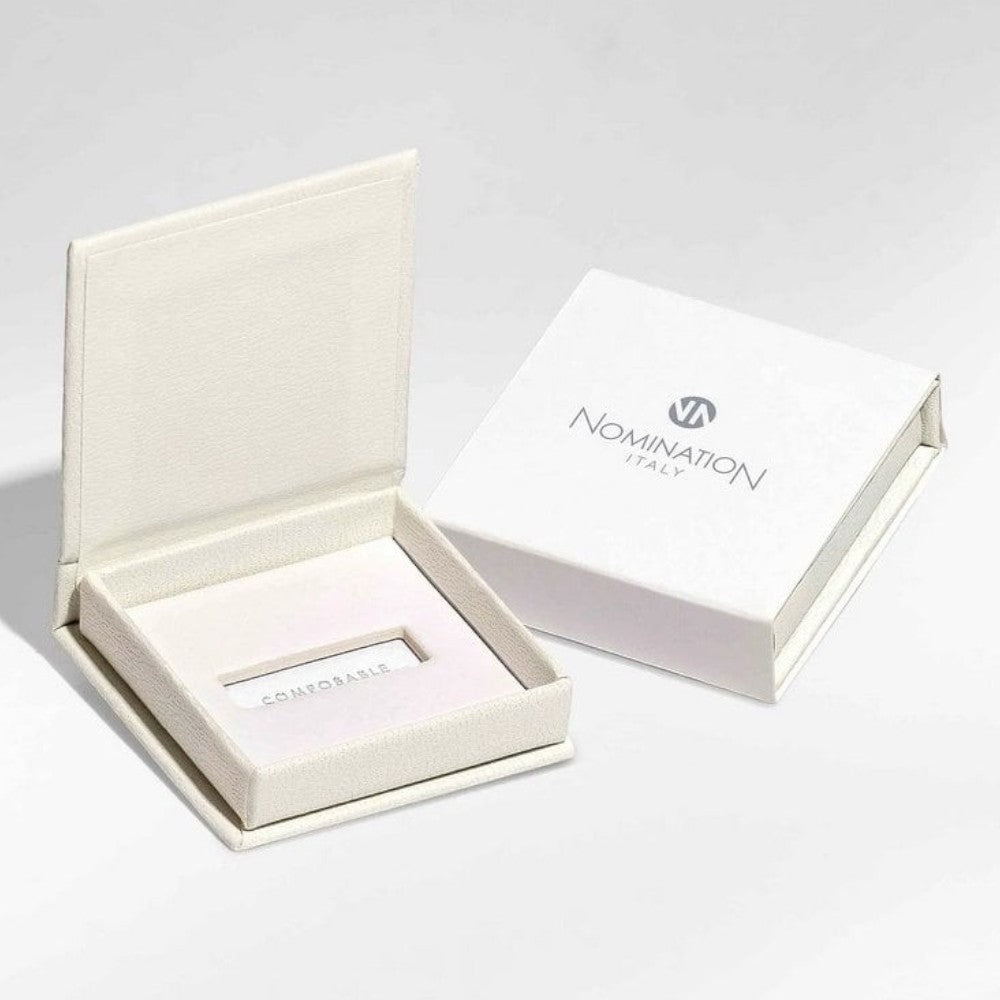 Niche Jewellery Nomination silver double link charm engraved MOM with pink flower and cubic zirconia detail in gift box.