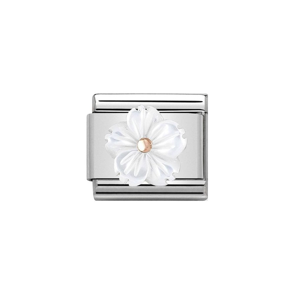 Niche Jewellery Nomination white mother of pearl flower charm with rose gold centre on stainless steel base.