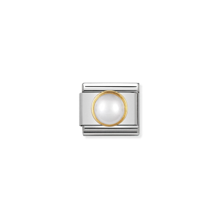 Niche Jewellery Nomination charm with white pearl centre and 18k gold surround, crafted from stainless steel.