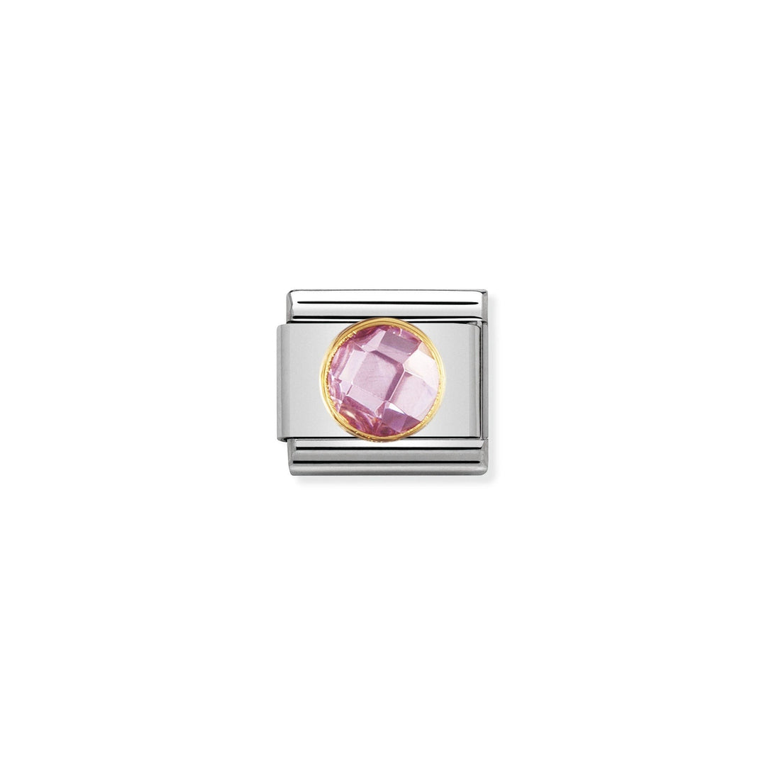 Niche Jewellery Nomination charm with a round, faceted pink zirconia stone set in 18k gold on a stainless steel base.