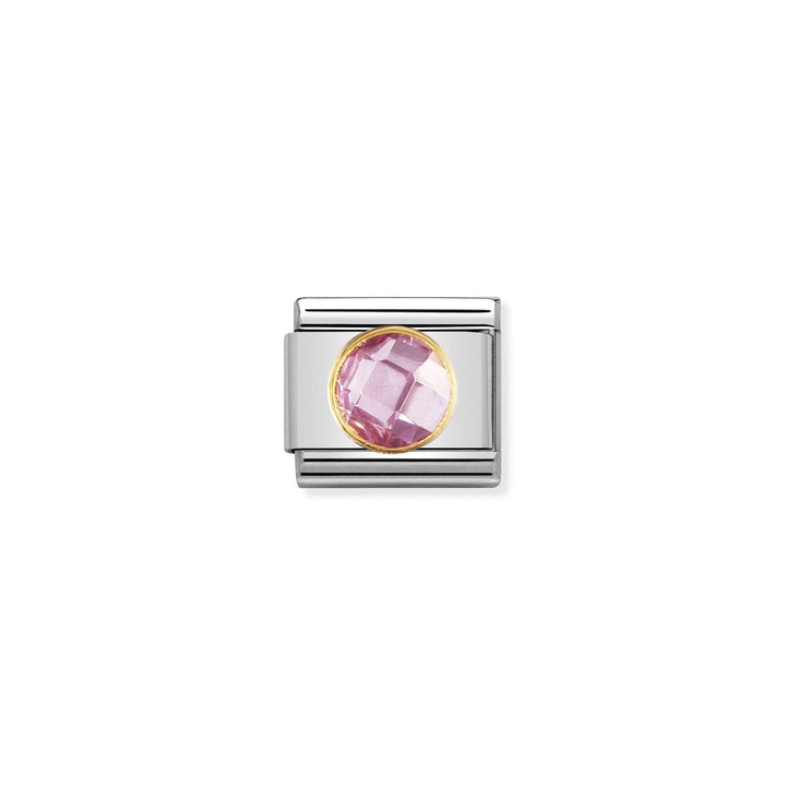 Niche Jewellery Nomination charm with a round, faceted pink zirconia stone set in 18k gold on a stainless steel base.